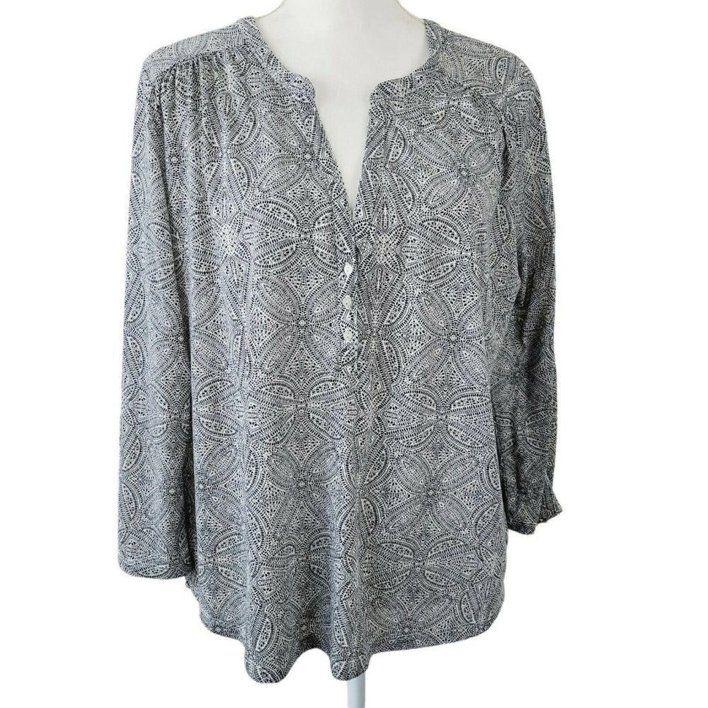 H&M Women's V Neck Blouse Black & White Sz Large Soft Casual Everyday Wear READ